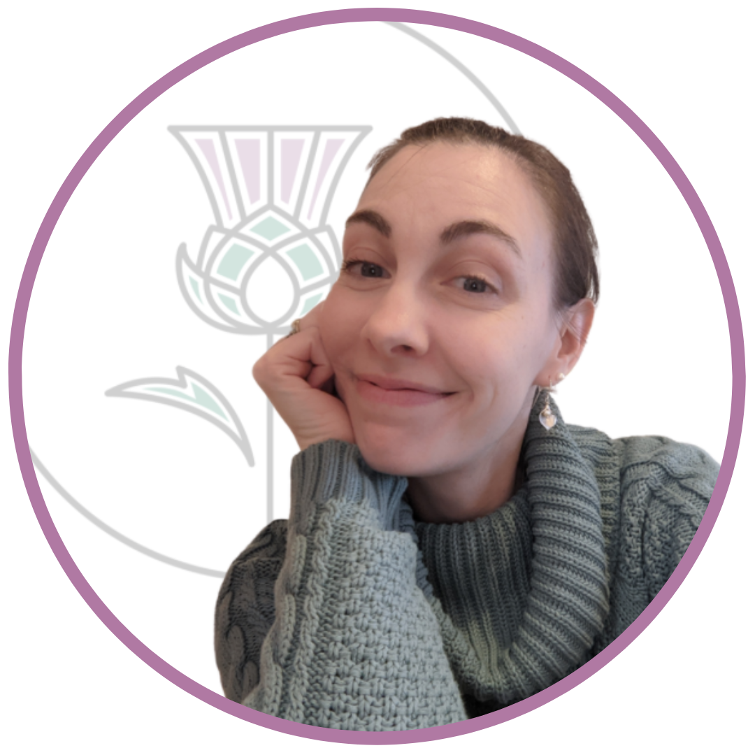 headshot of woman with pearl and thistle logo background