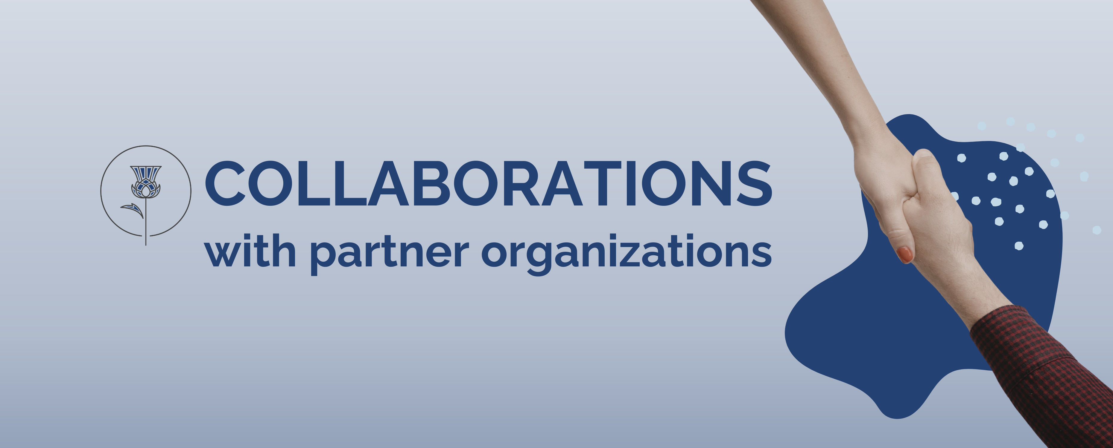 text reads "collaborations with partner organizations" and shows shaking hands