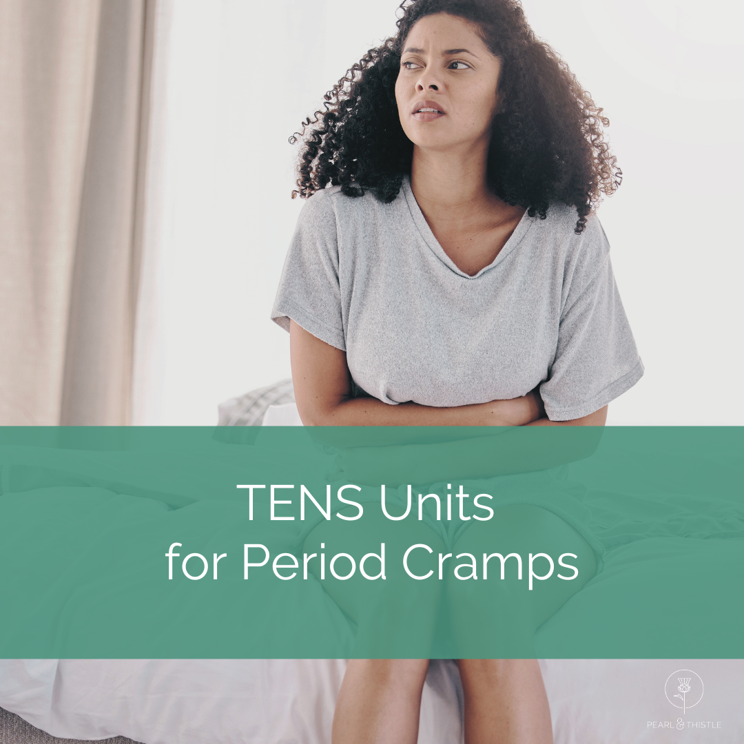 woman winces with menstrual cramp pain with text that reads TENS unit for menstrual cramps