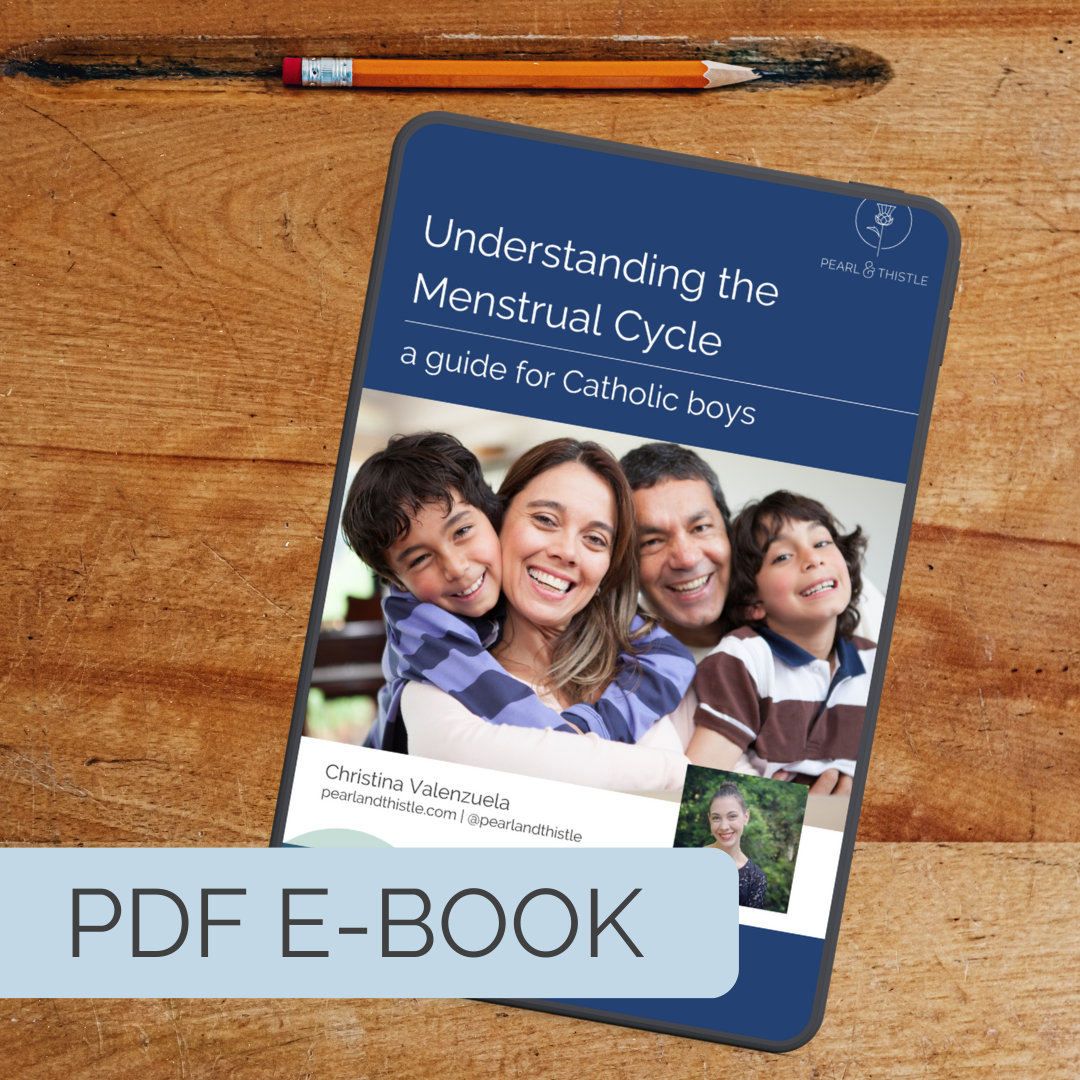 image of tablet on table with colorful flowers. text reads "PDF ebook" with image title of "The Catholic Mom's Guide to First Period Prep"