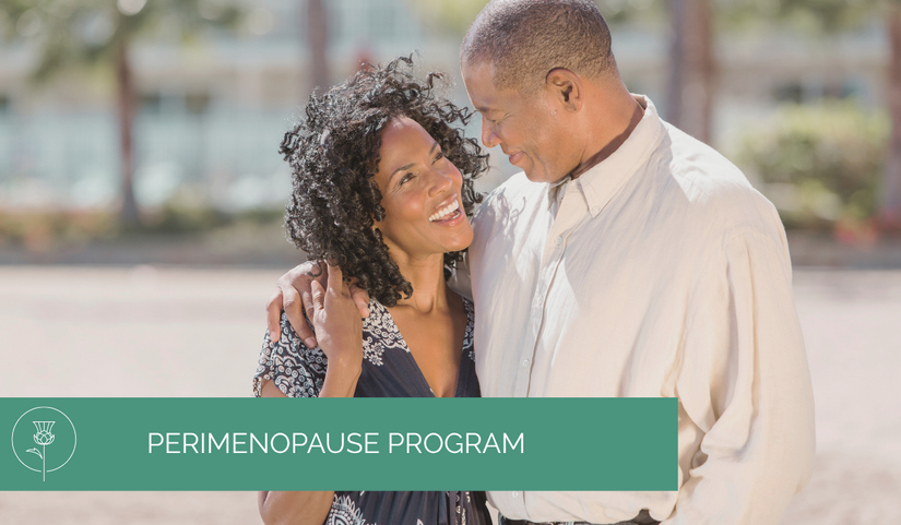 couple looks at one another smiling with text that reads perimenopause program