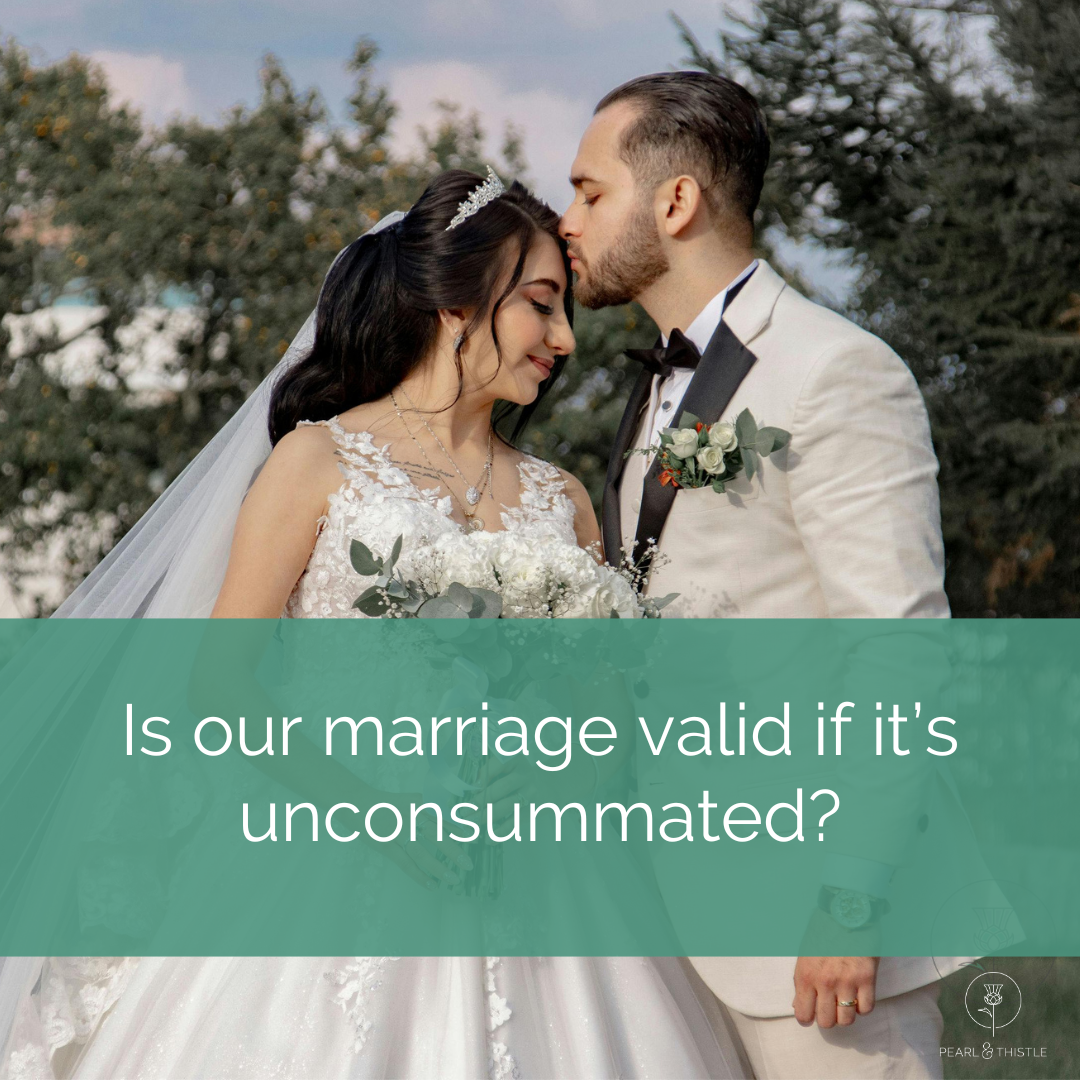 newly married couple embrace with text that says is our marriage valid if it's unconsummated?