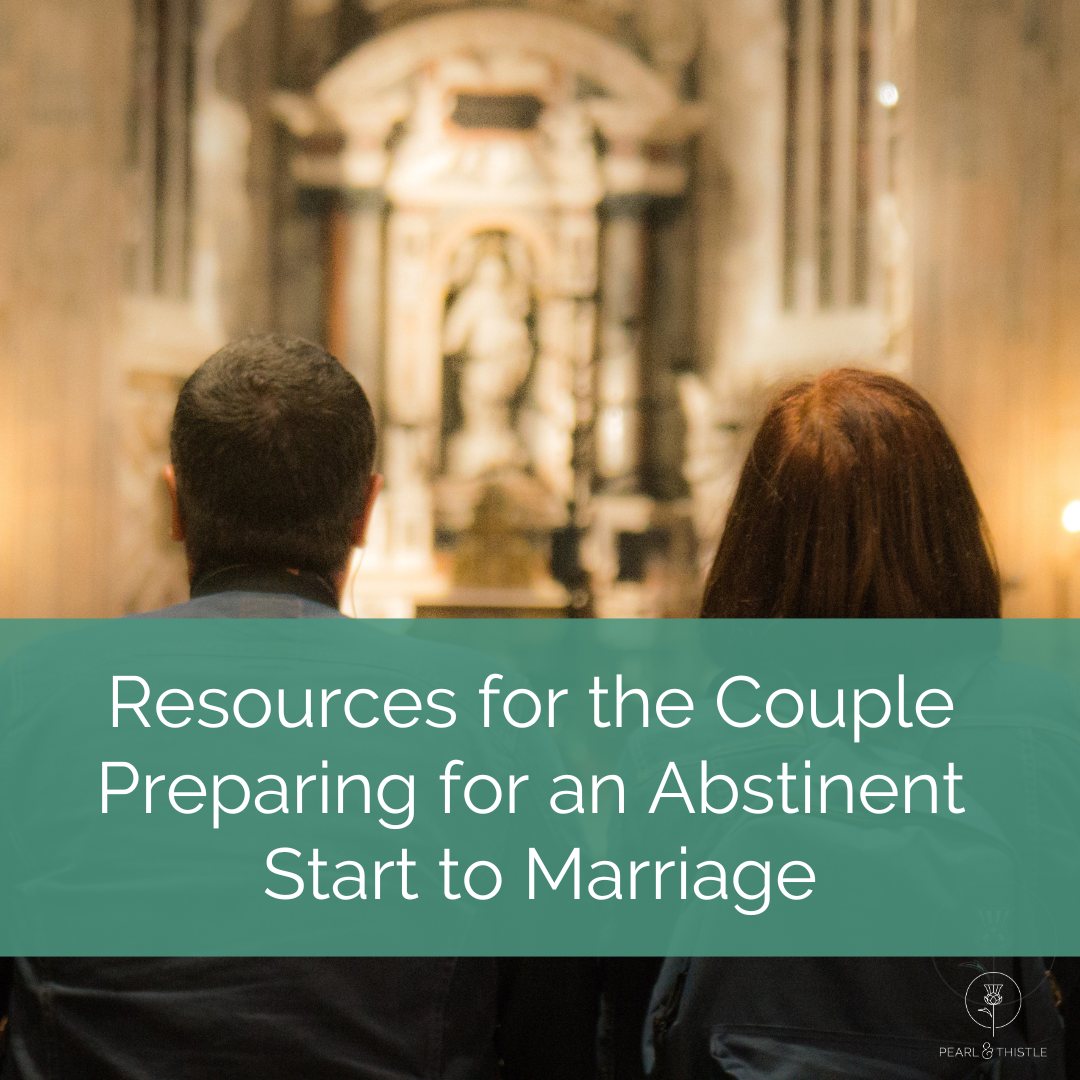 man and woman pray at church with text that reads resources for the couple preparing for an abstinent start to marriage